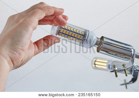 Replacing Lamps In Ceiling Light, Close-up Of Female Hand Is Screwing  Led Corn Lamp Into Lampholder