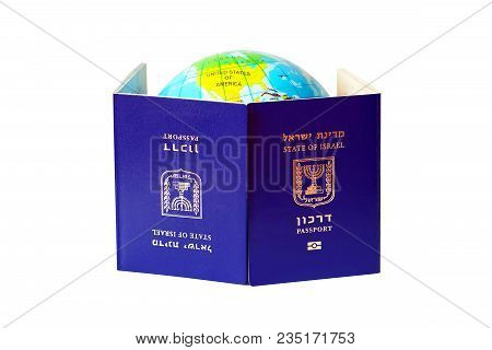 Blue Israeli Biometric And Non Biometric Passport Isolated On White Background. A Map Or Globe Of Pl