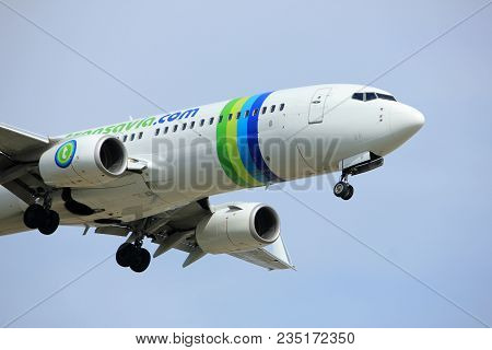 Amsterdam The Netherlands - April, 7th 2018: Ph-hsf Transavia Boeing 737-800 Approaching Schiphol Zw