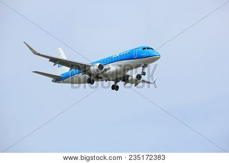 Amsterdam The Netherlands - April, 7th 2018: Ph-exk Klm Cityhopper Embraer Erj-175 Approaching Schip