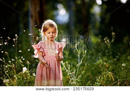Baby Girl In Pink Dress With Tails Blowing Out Dandelion Seeds On Green Grass.