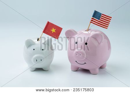 Us And China Finance, Economics Or Trade War Concept, Pink Piggy Bank With Usa National Flag Standin