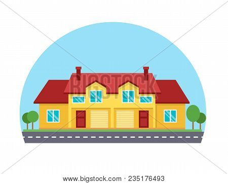 Colorful Cute Cottage Country House Exterior With Road In Front Of It Under Blue Sky. Vector Illustr