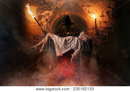 Man against woman flying over pentagram circle