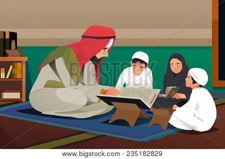 A Vector Illustration Of Imam Reading Quran With His Students