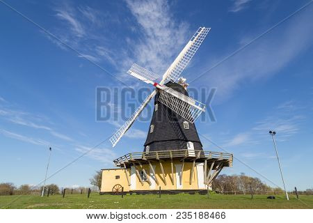 Kanehoej, Denmark - April 22, 2016: Photograph Of The Historic Danish Windmill Kanehoej Moelle.