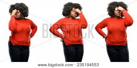 Young beautiful african plus size model with sleepy expression, being overworked and tired, rubbes nose because of weariness isolated over white background. Collection composition 3 figures collage