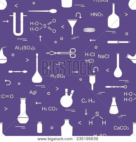 Pattern With Chemical, Biological, Scientific, Education And Research Elements: Flasks, Formulas, Be