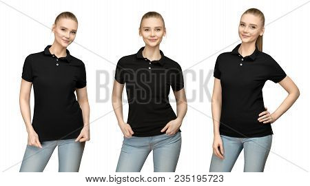 Set Variations Promo Pose Girl In Blank Black Polo Shirt Mockup Design For Print And Concept Templat