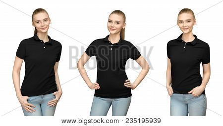 Set Variations Promo Pose Girl In Blank Black Polo Shirt Mockup Design For Print And Concept Templat