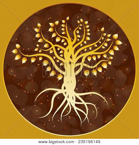 Buddhist Holiday - Vesak. The Concept Of The Event. Golden Bodhi Tree On A Brown Blur Background In 