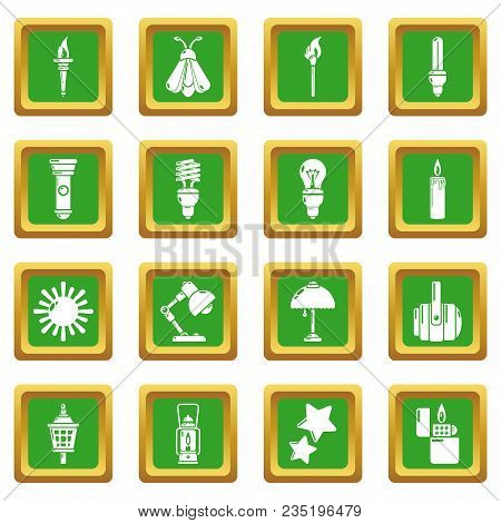 Light Source Icons Set Vector Green Square Isolated On White Background