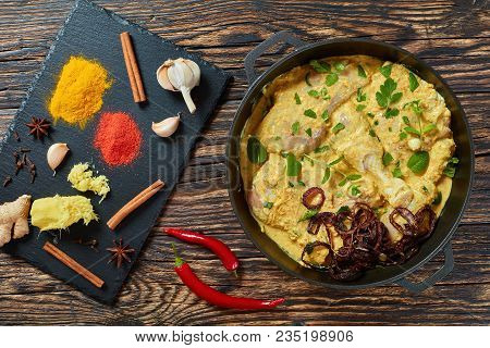 Raw Pieces Of Chicken In Cast Iron Pot