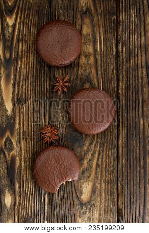 Three Choco Pie Sweet Dessert On The Village Dark Old Table In Moodle Style