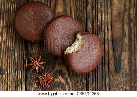 Three Choco Pie Sweet Dessert On The Village Dark Old Table In Moodle Style