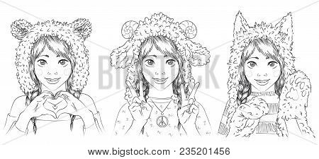 Portraits Of Cute Young Women In Animal Hats. Girl In Cat Hat And Paw Gloves. Girl In Bear Hat Makin