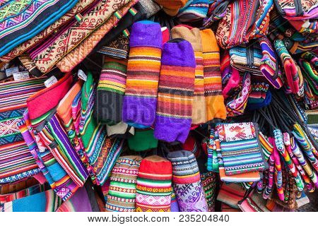 Souvenir Bags In The Market On Sagarnaga Street In La Paz, Bolivia.