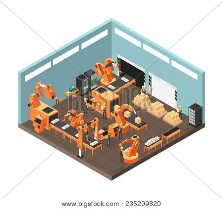 Isometric Factory Workshop With Conveyor Line, Workers, Electronics And Controling Computre Servers.