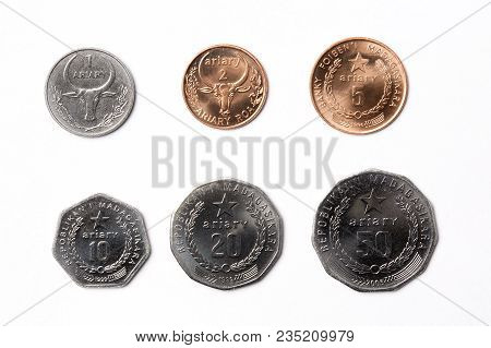 Coins From Madagascar On A White Background - Ariary
