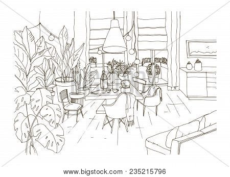 Contour Drawing Of Cozy Dining Or Living Room Furnished In Trendy Scandic Hygge Style With Table, Ch