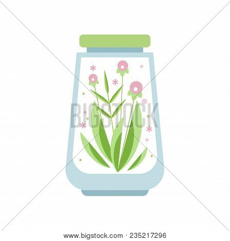 Beautiful Pink Flowers With Green Leaves Inside Glass Florarium Vase With Lid. Gentle Plant In Trans