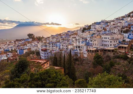 Chefchaouen Aerial Panoramic View At Night. Chefchaouen Is A City In Northwest Morocco. Chefchaouen 