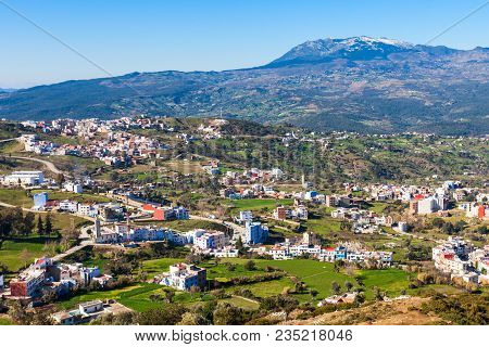 Chefchaouen And Rif Mountains Aerial Panoramic View, Morocco. Chefchaouen Is A City In Northwest Mor