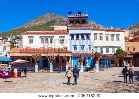 Central City Square In Chefchaouen. Chefchaouen Is A City In Northwest Morocco. Chefchaouen Is Noted
