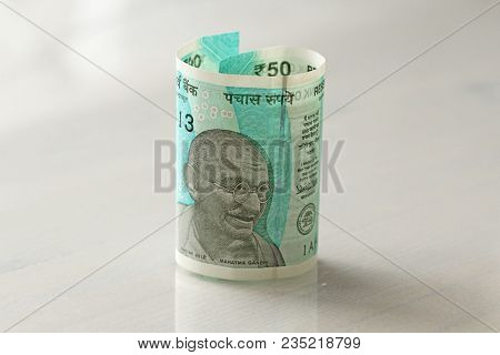 A New Banknote Of India With A Denomination Of 50 Rupees. Indian Currency. Portrait Of Mahatma Gandh