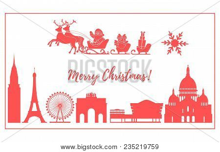 Santa Claus With Christmas Presents In Sleigh With Reindeers Over Famous Buildings And Constructions