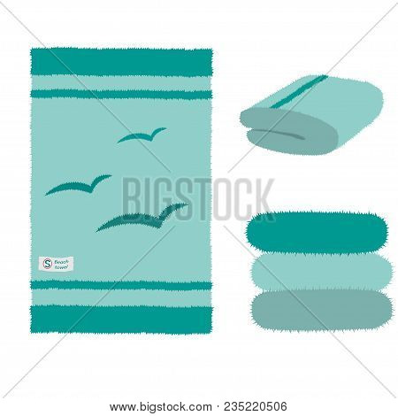 Vector Illustration Of Set Of Terry Towels For Bathroom Or For Beach, Isolated On White Background