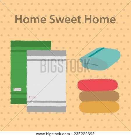 Vector Illustration Of Set Of Terry Towels For Bathroom Or For Beach, On Background Of Wallpaper Pol