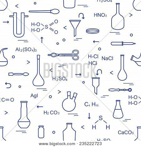 Pattern With Chemical, Biological, Scientific, Education And Research Elements: Flasks, Formulas, Be
