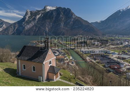 Chapel Over Ebensee Town With Nice Sea And Mountains