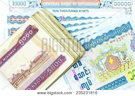 Currency Banknotes Spread Across Frame Myanmar Kyat In Various Denomination