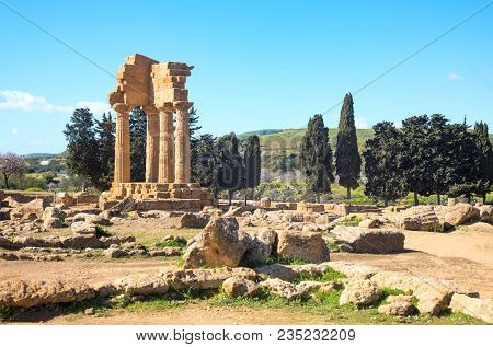 Italy, Sicily Island, The Valley Of The Temples Of Agrigento, View Of The Temple Of Dioscuri Ruins