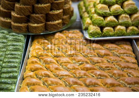 Turkish Desser Baklava With Pistachio, Honey And Walnut. Tasty Turkish Delights.