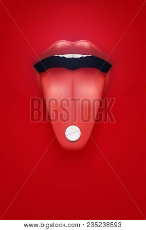 Poster Of Pills And Vitamins. Woman Red Lips And Tongue With Pils. Industry Medicine And Pharmaceuti