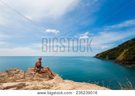 Summer Seascapewith Young Tourist On Tropical Koh Lanta Island In Thailand. Landscape Taken In Koh L