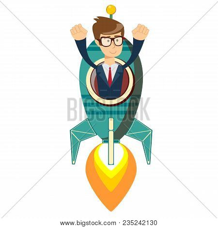 Happy Businessman On A Rocket Ship Launch. Start Up Business Concept. Stock Flat Vector Illustration