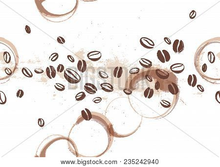 Vector Seamless Coffee Backdrop Design With Hand Drawn Coffee Beans Isolated On White Background. In