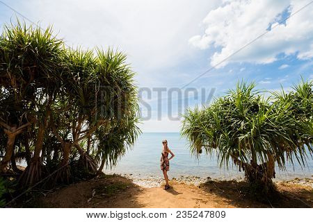 Summer Seascapewith Young Tourist On Tropical Koh Lanta Island In Thailand. Landscape Taken In Koh L