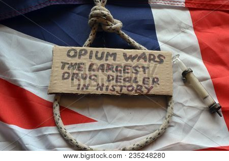 British history.Opium Wars.Concept.British Flag background. April 9, 2018 in Kiev,Ukraine