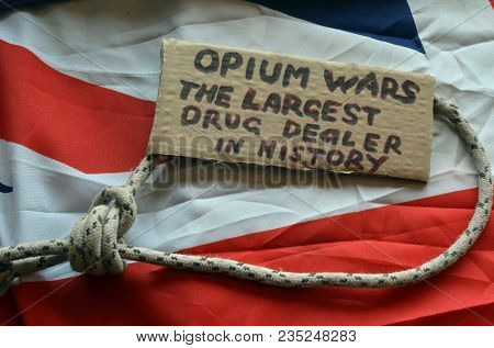 British history.Opium Wars.Concept.British Flag background. April 9, 2018 in Kiev,Ukraine