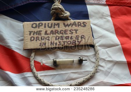 British history.Opium Wars.Concept.British Flag background. April 9, 2018 in Kiev,Ukraine