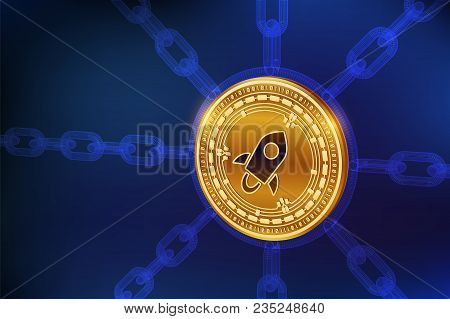 Stellar. Crypto Currency. Block Chain. 3d Isometric Physical Stellar Coin With Wireframe Chain. Bloc