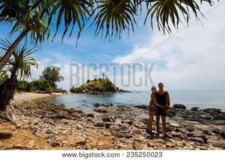 Summer Seascapewith Young Tourist On Tropical Koh Lanta Island In Thailand. Landscape Taken In Koh L