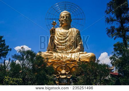 Statue Of Big Golden Sitting Buddha In Dalat, Vietnam