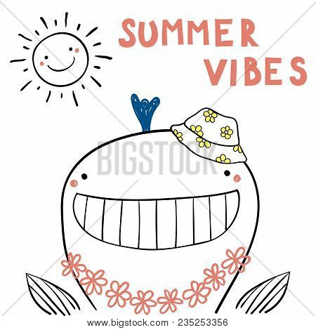 Hand Drawn Portrait Of A Cute Funny Whale In Flower Chain, Bucket Hat, Under Summer Sun. Isolated Ob