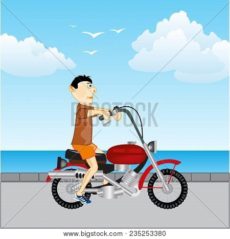Persons On Motorcycle Goes Beside Seeshore.vector Illustration